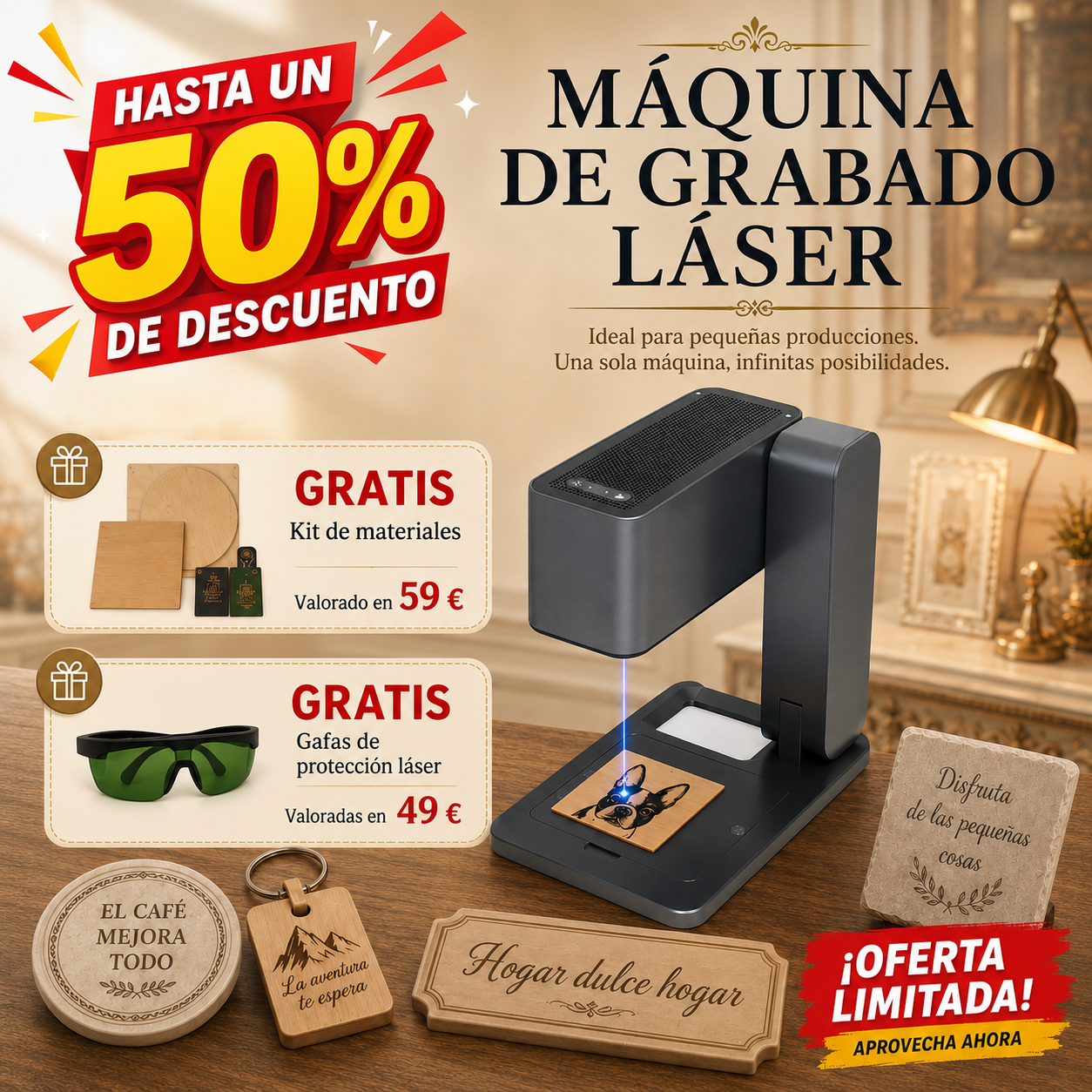 Minimáquina de grabado láser, capaz de grabar objetos.